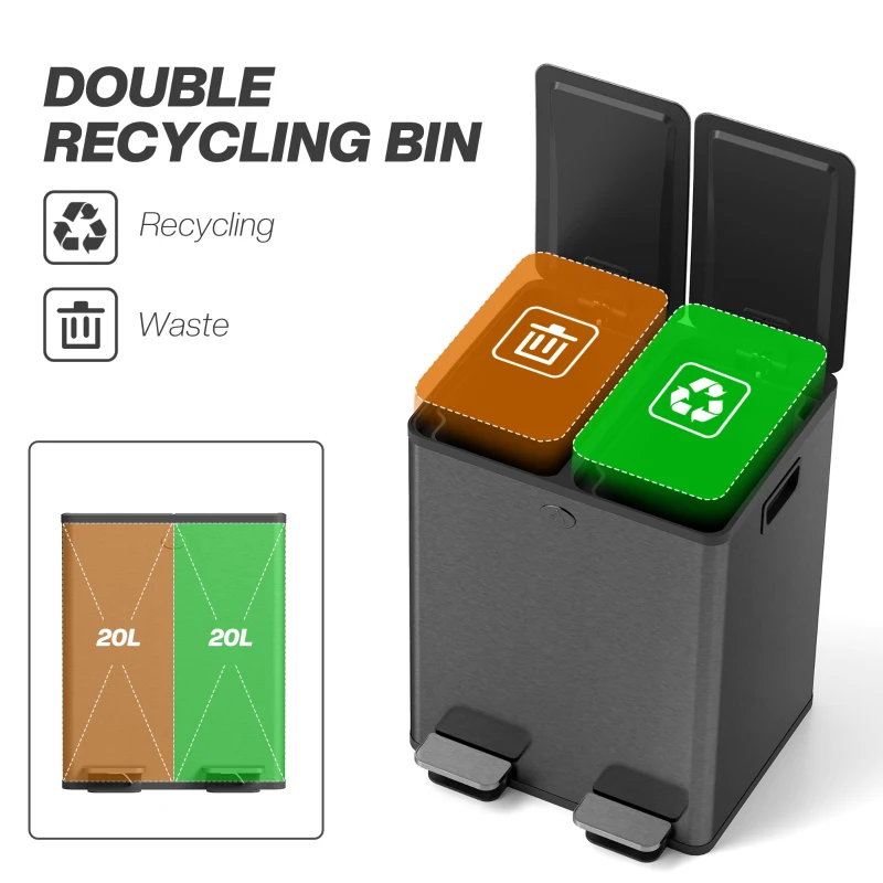 HOMCOM Dual Garbage Bin, Soft-Close Trash Can with Foot Pedal, 2 x 20 Liter Garbage Can with Removable Inner Buckets, Black