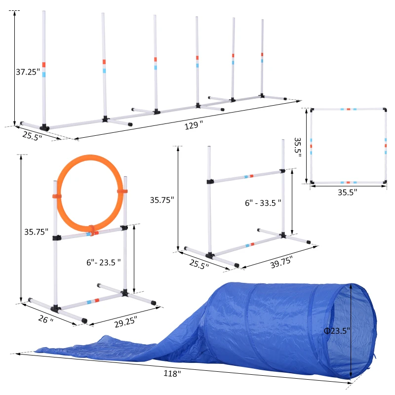 Pawhut 5 Piece Outdoor Game Dog Agility Training Equipment Set Agility Starter Kit Jumping Ring Hurdle Bar Tunnel