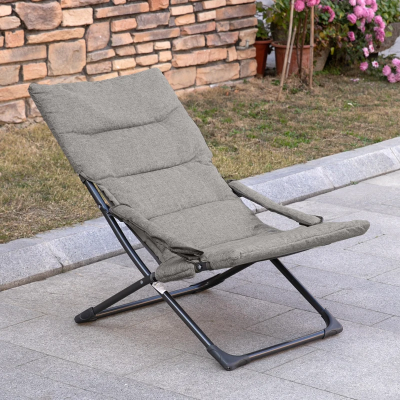 Outsunny Folding Lounge Chair, Mesh Fabric Lounger with Thick Padded Cushion and Armrest, Camping Beach Chair for Poolside, Deck, Backyard, Grey