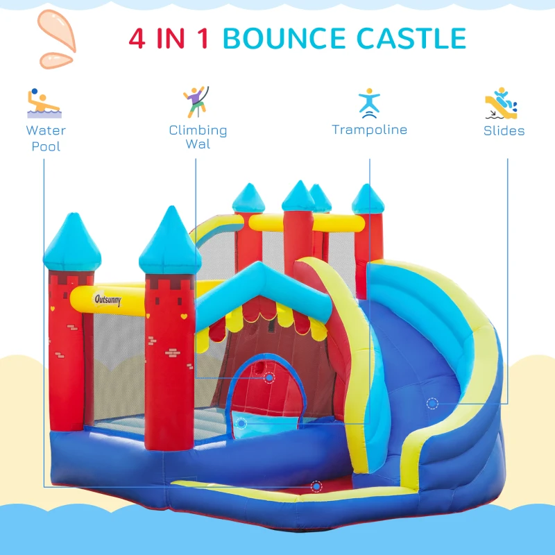 Outsunny 4 in 1 Inflatable Bounce House with Slide, Climbing Wall, and Pool or Ball Pit, Jumping Castle, Four Fun Activities, Water Bounce House for Kids