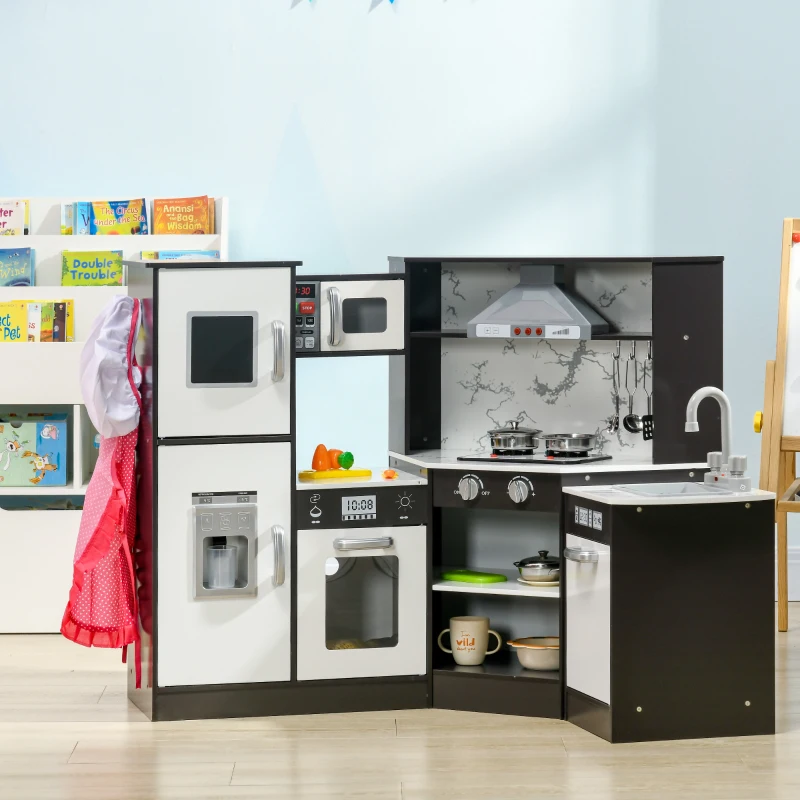 Qaba Play Kitchen Set for Kids w/ Apron and Chef Hat, Ice Maker Brown