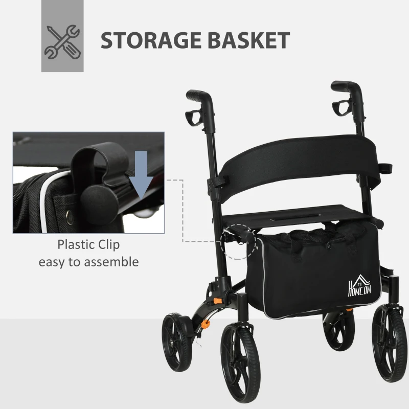 HOMCOM Aluminum Rollator Walker for Seniors and Adults with 10'' Wheels FSA HSA Eligible, Seat and Backrest, Folding Rolling Walker with Adjustable Handle and Storage Bag, Support up to 300lbs, Black