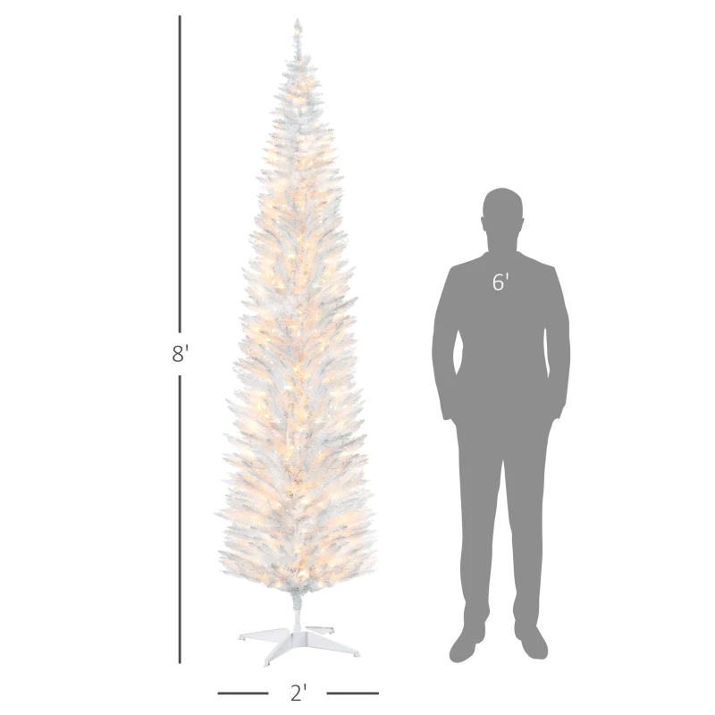 HOMCOM 8ft Pencil Christmas Tree, Slim Artificial Christmas Tree with Realistic Branches and Warm White LED Lights, White
