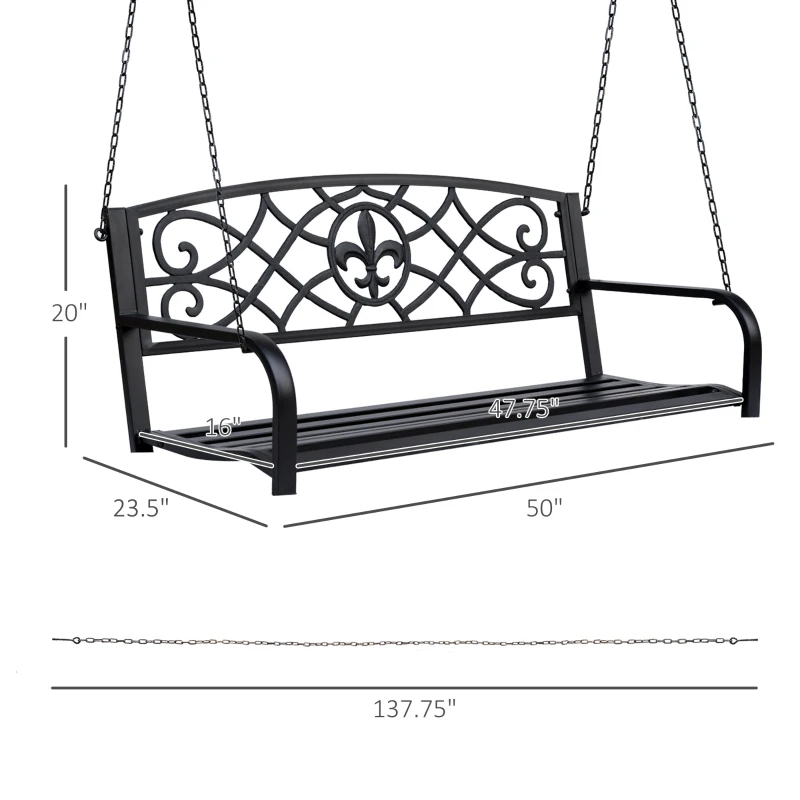 Outsunny 50"L Steel Porch Swing Fleur-De-Lis Patio Swing Chair Hanging Bench Outdoor 2-person Glider Chair Seat w/ Chain Antique Style Black