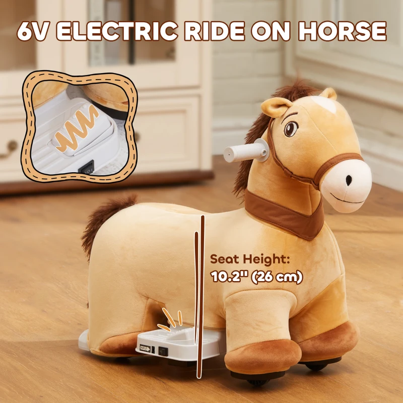 Qaba Battery Powered Electric Ride on Pony, 6V Ride on Horse w/ with Music Forward, PU Wheels, Aged 18-36 Months, Brown