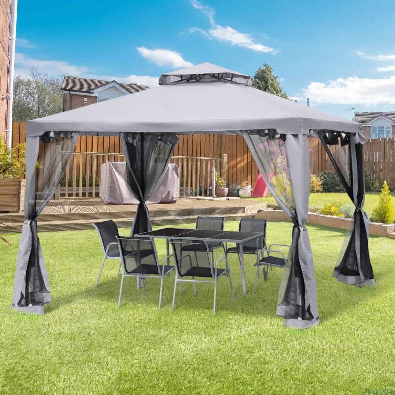 Outsunny 10' x 10' Patio Gazebo Outdoor Pavilion 2 Tire Roof Canopy Shelter Garden Event Party Tent Yard Sun Shade Steel Frame w/ Mosquito Netting Grey