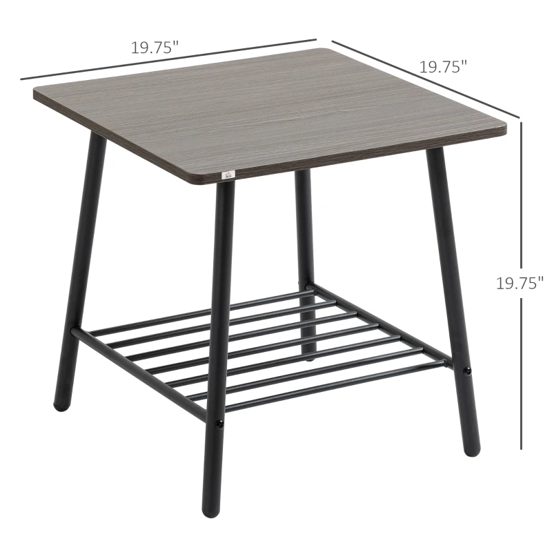 HOMCOM Square Side Table with Storage, 2-Tier End Table with Slat Shelf and Metal Frame for Living Room, Gray