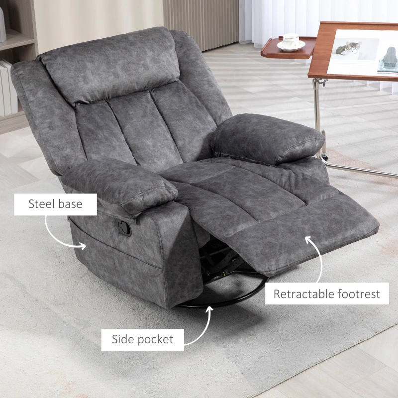 HOMCOM Rocker Recliner Chair with Swivel, Fabric Reclining Chair with Cushion, Rocking Chair with Footrest, Charcoal Gray