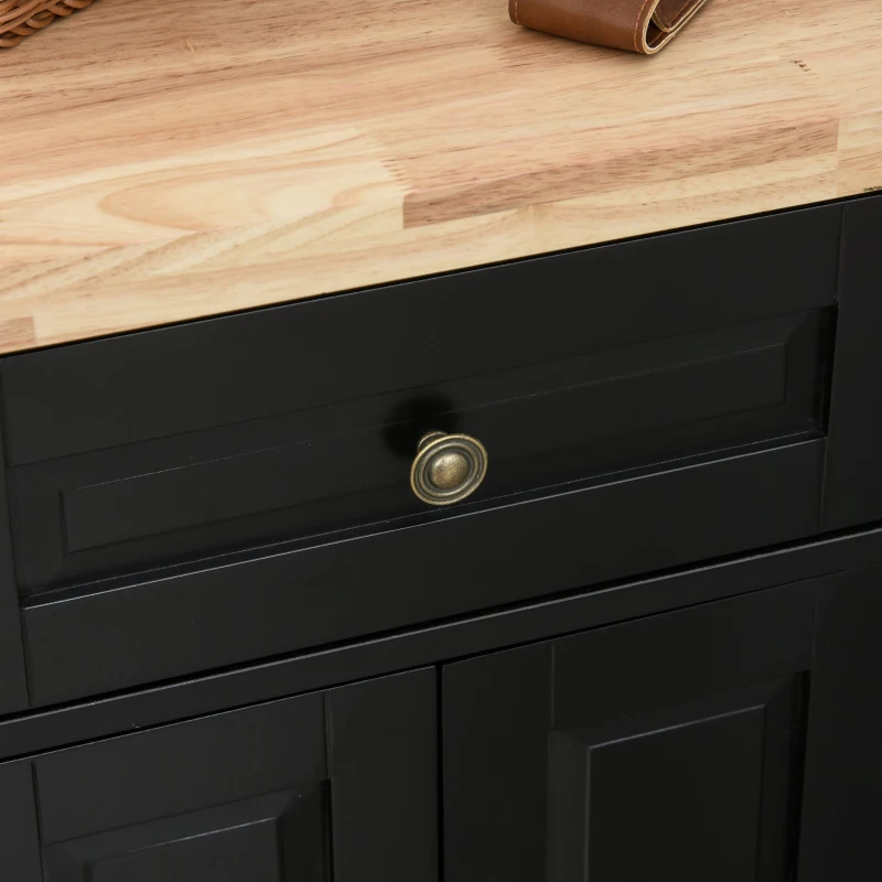 HOMCOM Rolling Kitchen Island with Rubber Wood Top and Storage, Spice Rack, Towel Rack, Black