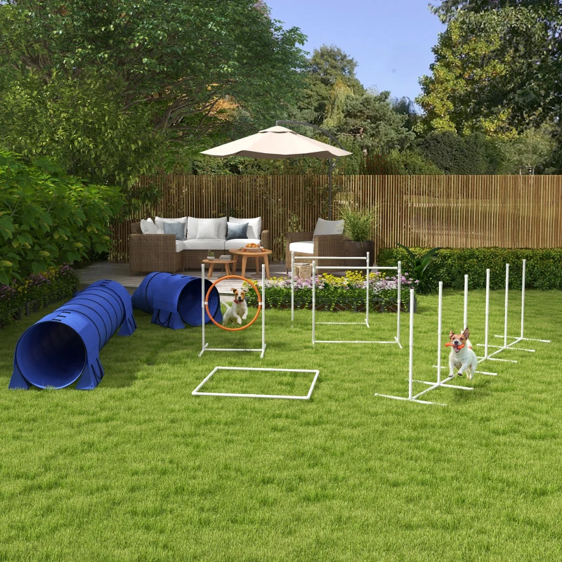 PawHut 7pc Agility Training Equipment for Dogs w/ Tunnels, Weave Poles Adjustable Hurdle, Jumping Ring, Pause Box, Blue