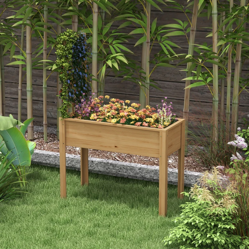 Outsunny Elevated Wood Planter with Trellis for Climbing Plants, Raised Garden Bed with Legs, Drainage Holes & Filter Natural