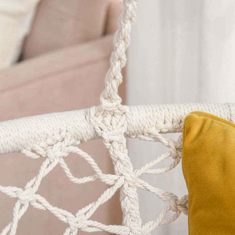 Outsunny Hanging Hammock Chair, Cotton Rope Porch Hammock Swing with Metal Frame and Cushion, Large Macrame Seat for Patio, Garden, Bedroom, Living Room,  Cream White