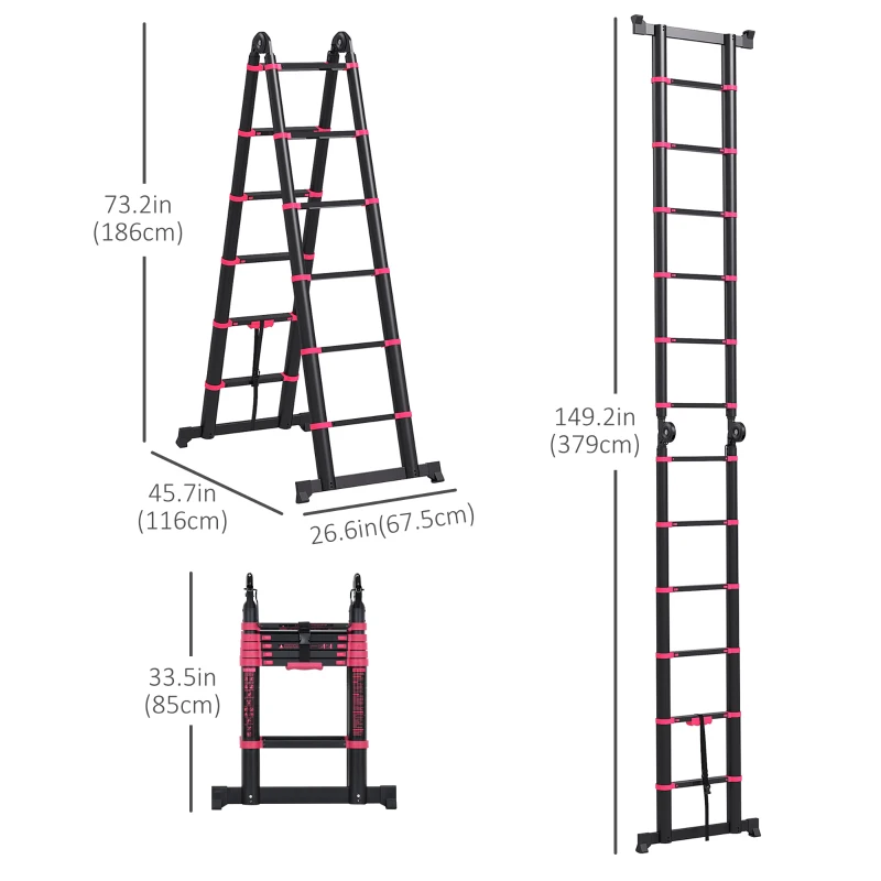 HOMCOM 12ft Aluminium Telescopic Extension Ladder, Heavy Duty Extendable Telescoping Ladder with Locking Mechanism, Non-slip Feet 330 Pound Capacity, EN131 Standard, Black