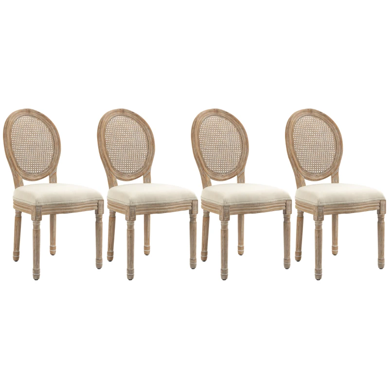 HOMCOM French-Style Upholstered Dining Chair Set, Armless Accent Side Chairs with Rattan Backrest and Linen-Touch Upholstery, Set of 4, Cream White
