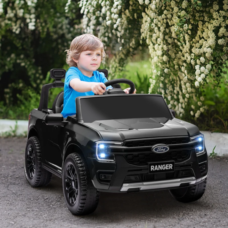 Qaba Ford Ranger Licensed Kids Ride on Car 12V Battery Power Car with Remote Control, Spring Suspension Toy Storage, Black