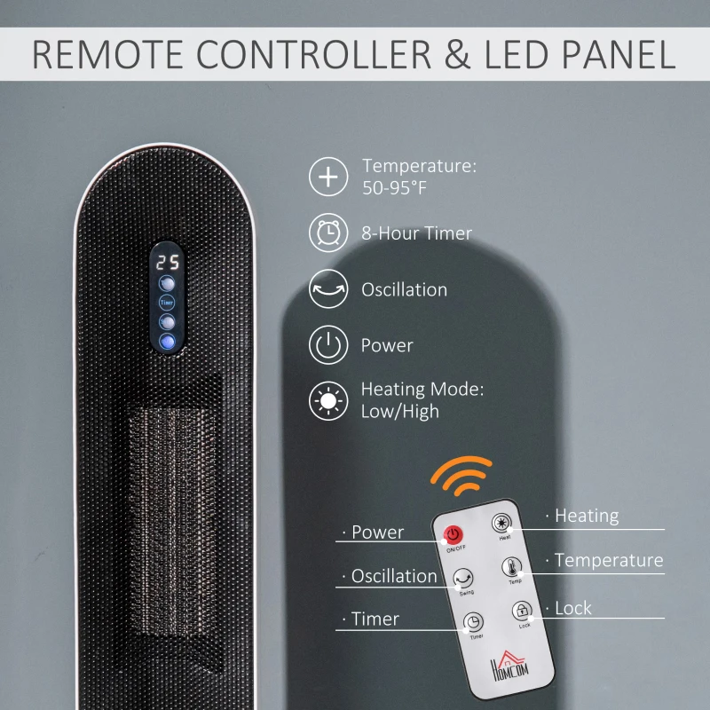 HOMCOM Ceramic Space Heater, Indoor Tower Heater with 45 Degree Oscillation, Remote Control, 24H Timer, Tip-Over & Overheating Protection, 1500W/1000W