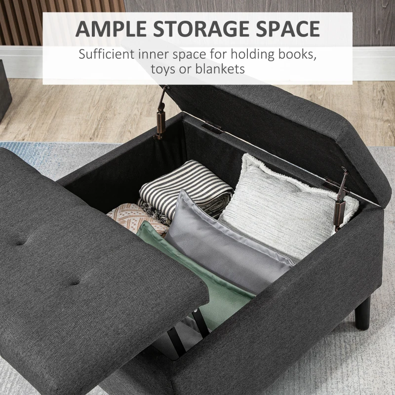 HOMCOM 30" Square Storage Ottoman, Upholstered Ottoman Coffee Table with Lift Top, Button Tufted and Wood Legs, Accent Footstool for Living Room, Dark Gray