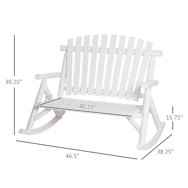 Outsunny Outdoor Wooden Rocking Chair, Double-Person Rustic Adirondack Rocker with Slatted Seat, High Backrest, Armrests for Patio, Garden and Porch, White