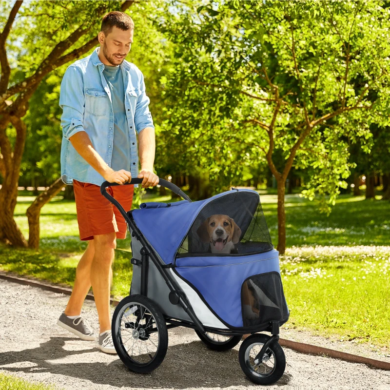 PawHut 3 Wheels Dog Stroller w/ One-Hand Fold, Rubber Wheels, Storage Bag, Soft Cushion, for Small & Medium Dogs, Blue