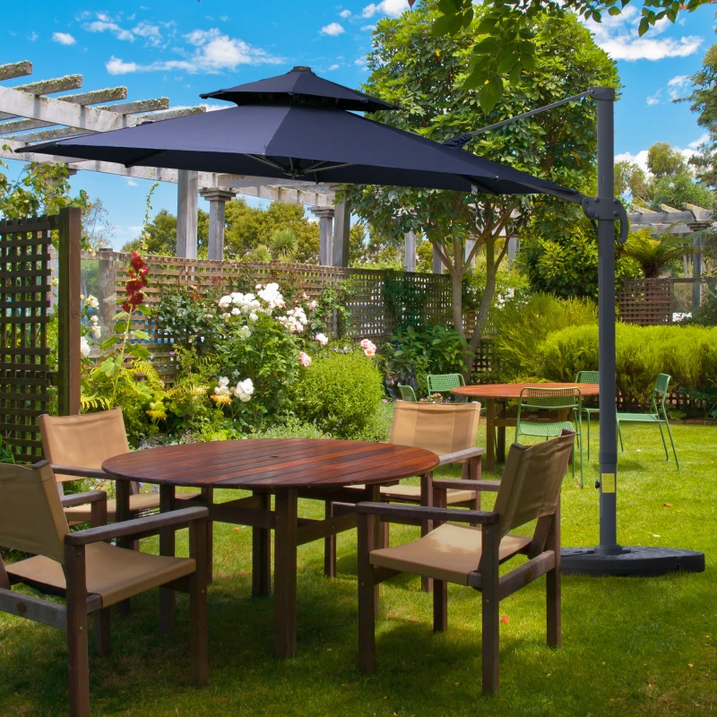 Outsunny 11ft Cantilever Patio Umbrella with Base, Double Top Hanging Aluminum Offset Umbrella with 360° Rotation, Easy Tilt, 8 Ribs, Crank, Cross Base for Backyard, Dark Blue