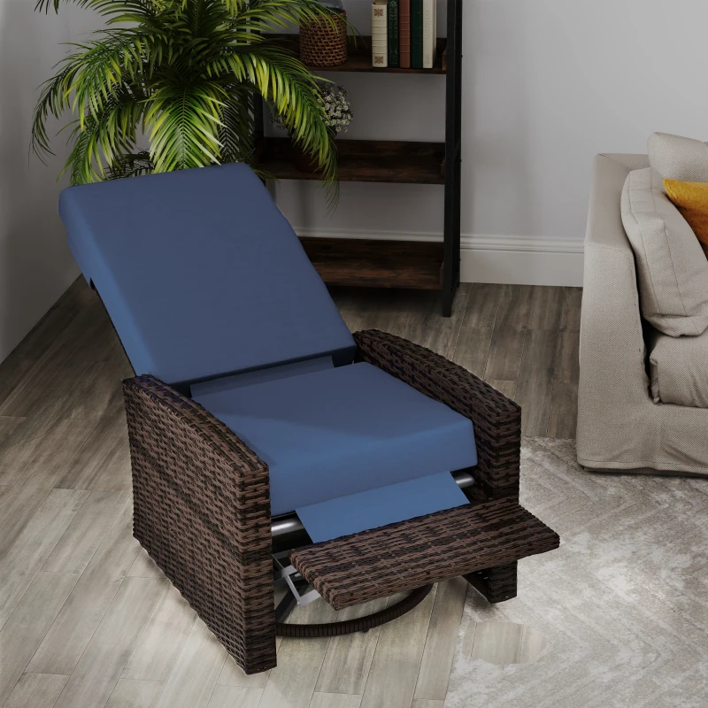 Outsunny Outdoor Wicker Swivel Recliner Chair, Lifting Footrest, 360° Rotating Basic, Water-resistant Cushions, Dark Blue