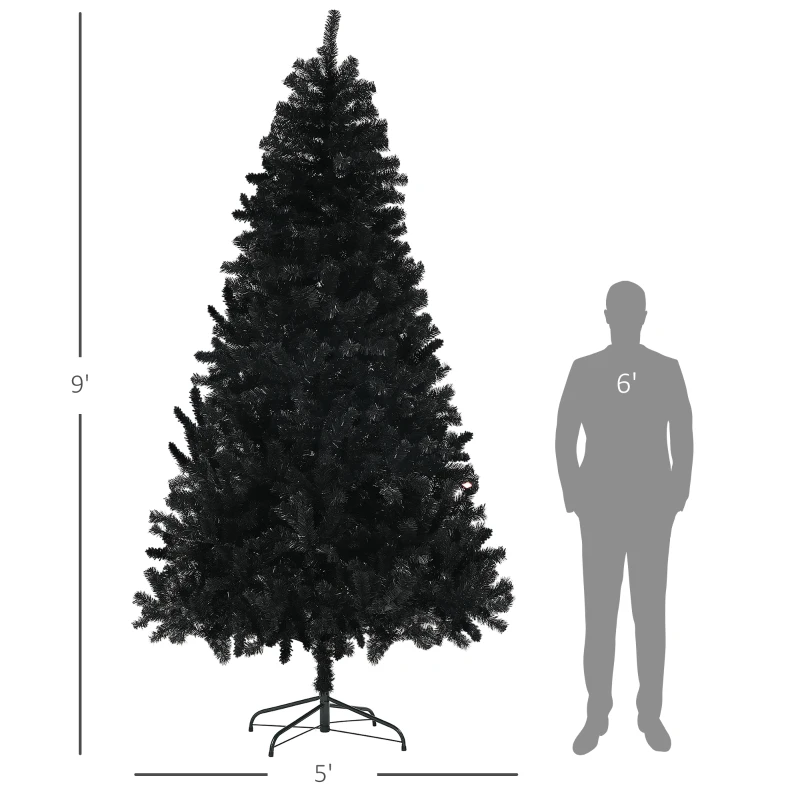 HOMCOM 9ft Unlit Artificial Black Christmas Tree, Holiday Décor with 2132 Branch Tips, Auto Open and Steel Base