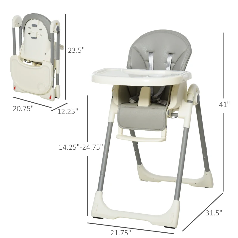 Qaba Foldable High Chair for Babies and Toddlers with Adjustable Backrest/Footrest & Removable Tray, Portable High Chair for Travel with 5-Point Harness, Convertible High Chair, Grey