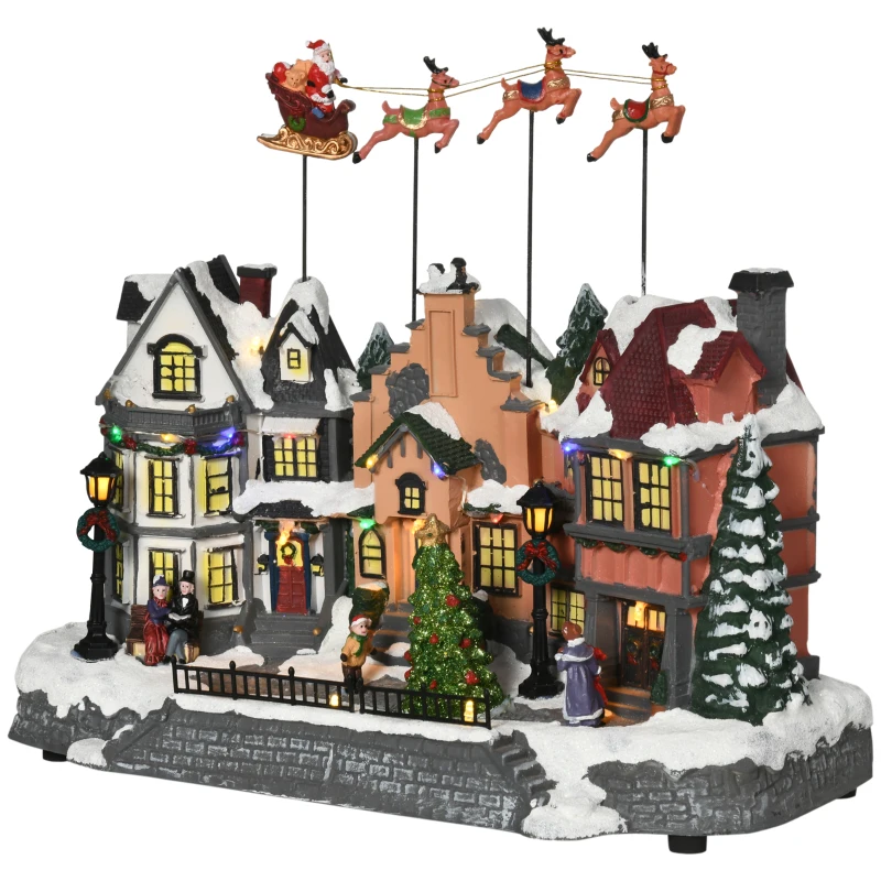 HOMCOM Christmas Village, Santa & Deer Skating Pond Animated Winter Wonderland Set with Multicolored LED Light, Battery Operated Christmas Decoration