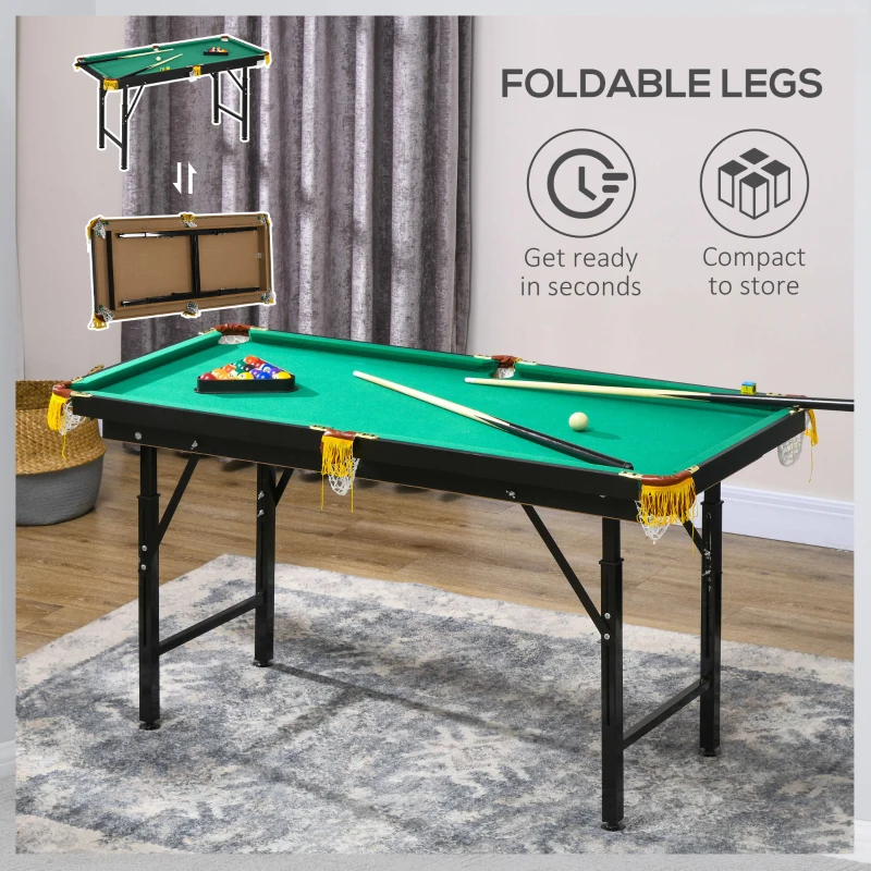 Soozier 55" Pool Table Set Folding Billiard Table with Adjustable Height, 2 Cues, 16 Balls, 2 Chalks, Triangle, Brush, Green