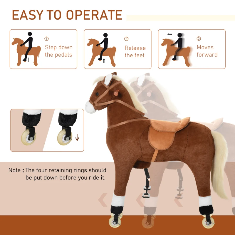 Qaba Kids Rocking Horse Walking Horse with Wheels, Large Size Moving Hobby Horse Ride on Toy Gift for Children 5-16 Years