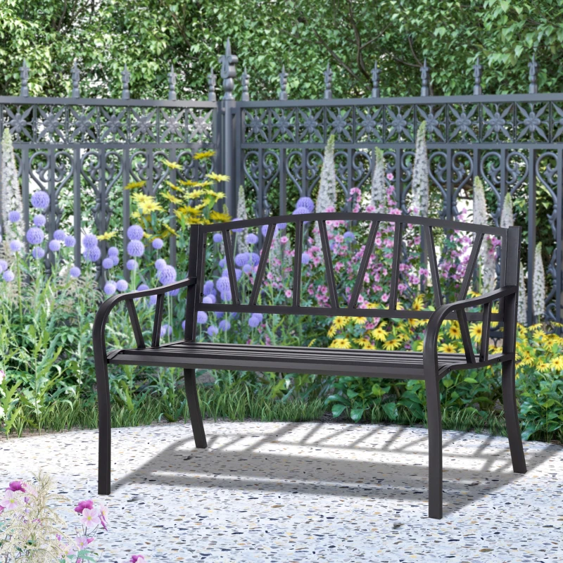 Outsunny 50" Outdoor Bench, Metal Garden Bench with V-Shaped Pattern Backrest, Porch Bench with Slatted Seat for Park, Yard, Lawn, Black