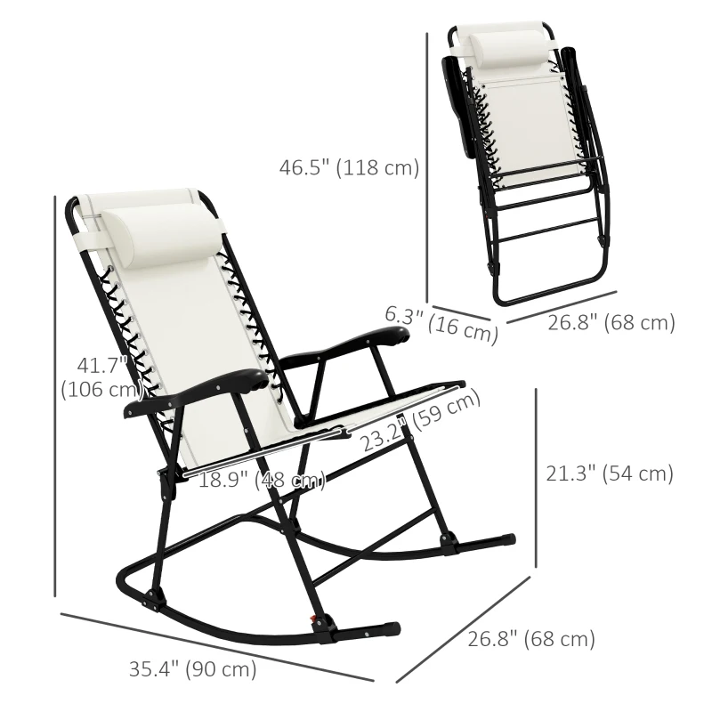 Outsunny 2pc Patio Foldable Rocking Chair Set w/ Breathable Mesh Seat & Backrest, Headrest for Park, Backyard, Garden, Cream