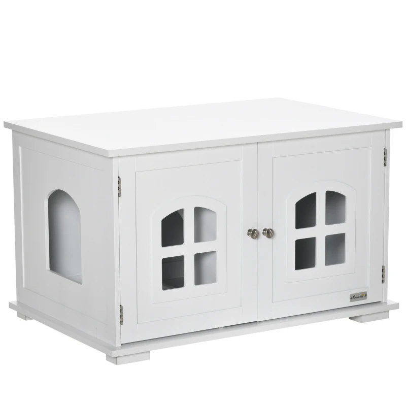 PawHut Cat Litter Box Enclosure Hidden Cat Furniture Cabinet Indoor Cat Washroom Double-door Nightstand End Table with Cat Hole Window White