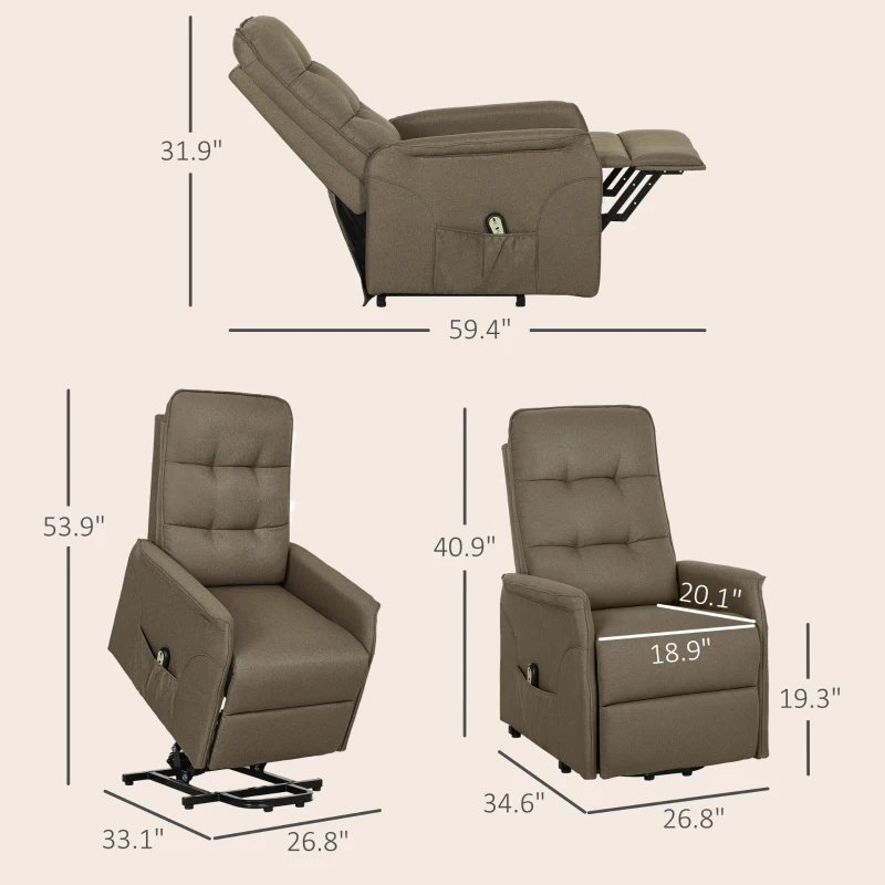 HOMCOM Power Lift Chair for Elderly, Fabric Recliner Sofa with Remote Control, Side Pockets, Quick Assembly, Brown
