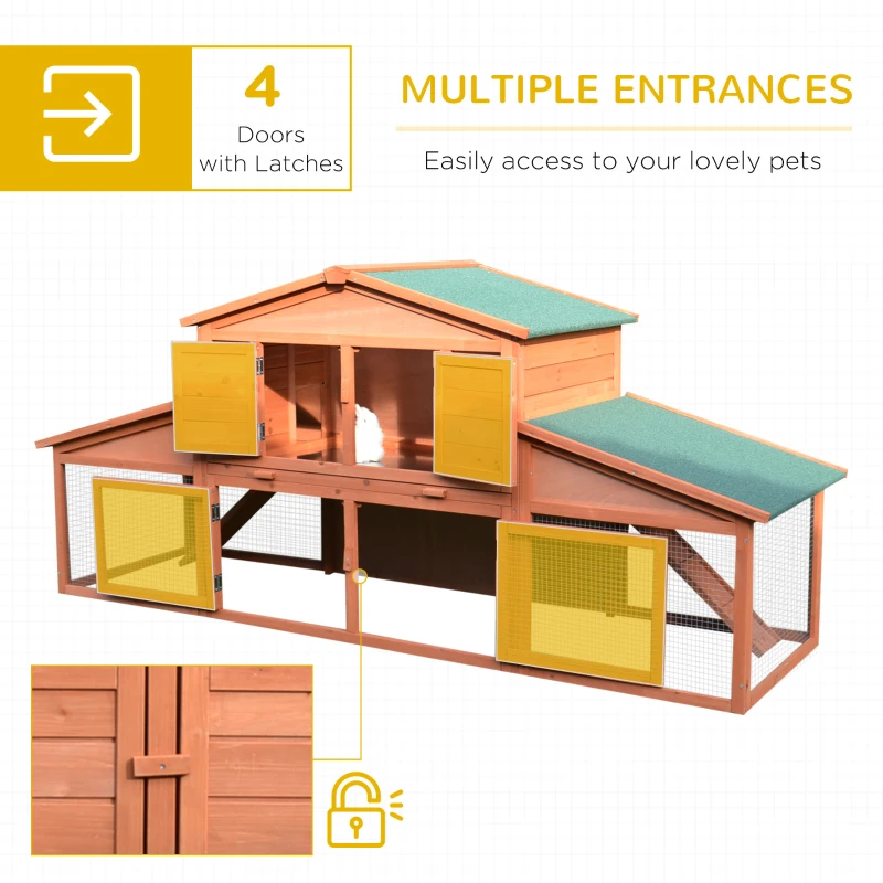 PawHut 89"L Outdoor Rabbit Hutch, Guinea Pig Cage Indoor Outdoor Wooden Bunny Hutch with Double Runs, Weatherproof Roof, Removable Tray, Ramps, Orange