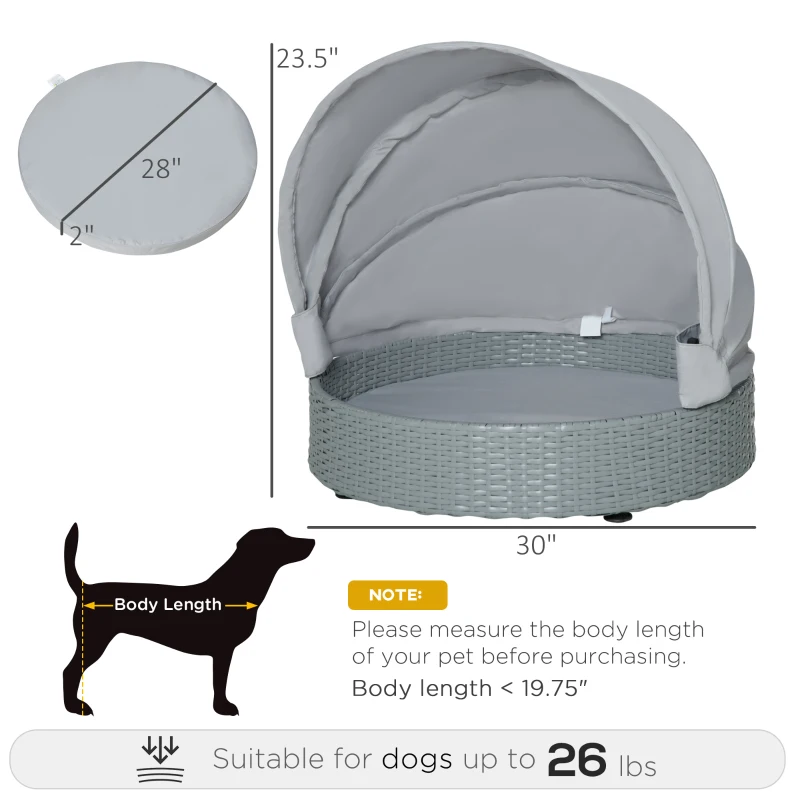 PawHut Wicker Dog Bed Rattan Pet Sofa with Adjustable Canopy Pet House Shelter for Small Dogs with Cushion Indoor Outdoor, Grey