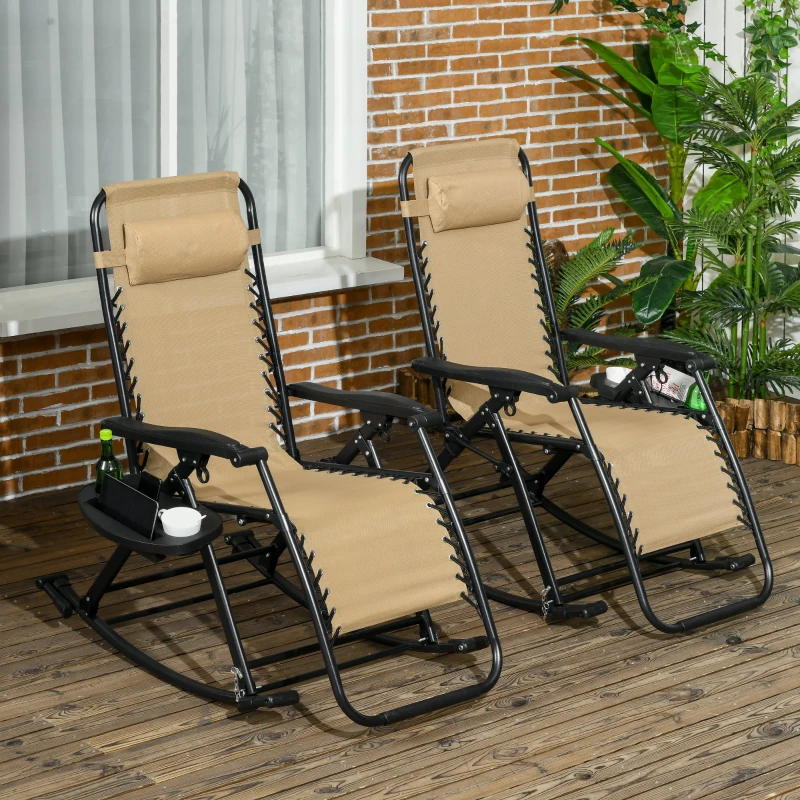 Outsunny 2 Outdoor Rocking Chairs Foldable Reclining Zero Gravity Lounge Rockers w/ Pillow Cup & Phone Holder, Beige