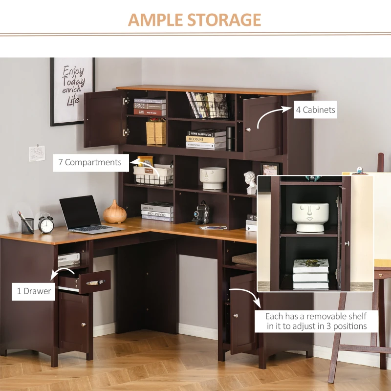 HOMCOM L Shaped Computer Desk with Hutch, 59" Corner Desk, Space Saving Home Office Desk with Storage Shelves, Drawer and Cabinet, Coffee Brown