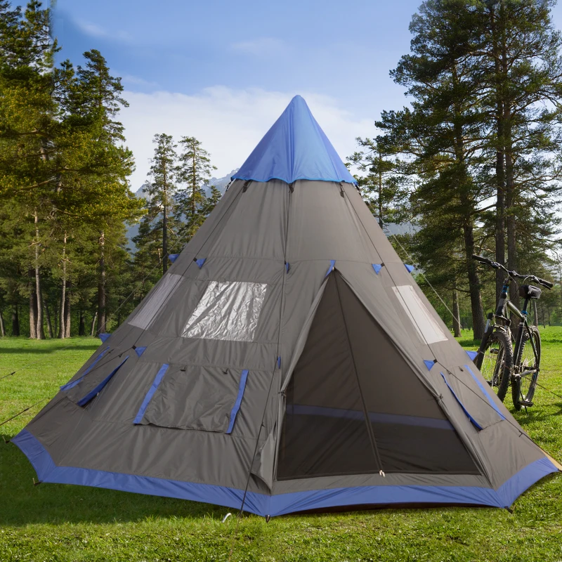 Outsunny 12Ft Camping Tent 6-7 Person 4 Season with 8 Mesh Windows, Outdoor Teepee Tent with Waterproof Material for Family and Friends Camping
