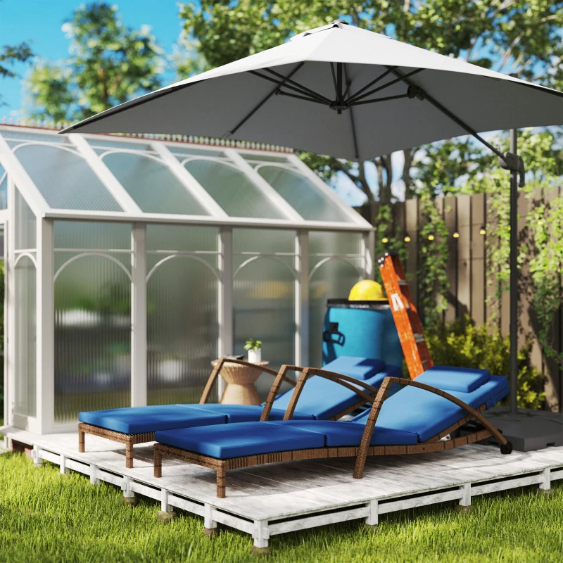 Outsunny Set of 2 Wicker Chaise Lounge Chair Outdoor Patio Lounger with 5 Adjustable Back, Wheels, Cushion and Armrests, Blue