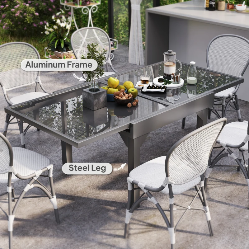 Outsunny 35"-71" Expandable Outdoor Table with Tempered Glass Top, Metal Frame, for 4-6 Person, for Lawn, Garden, Backyard