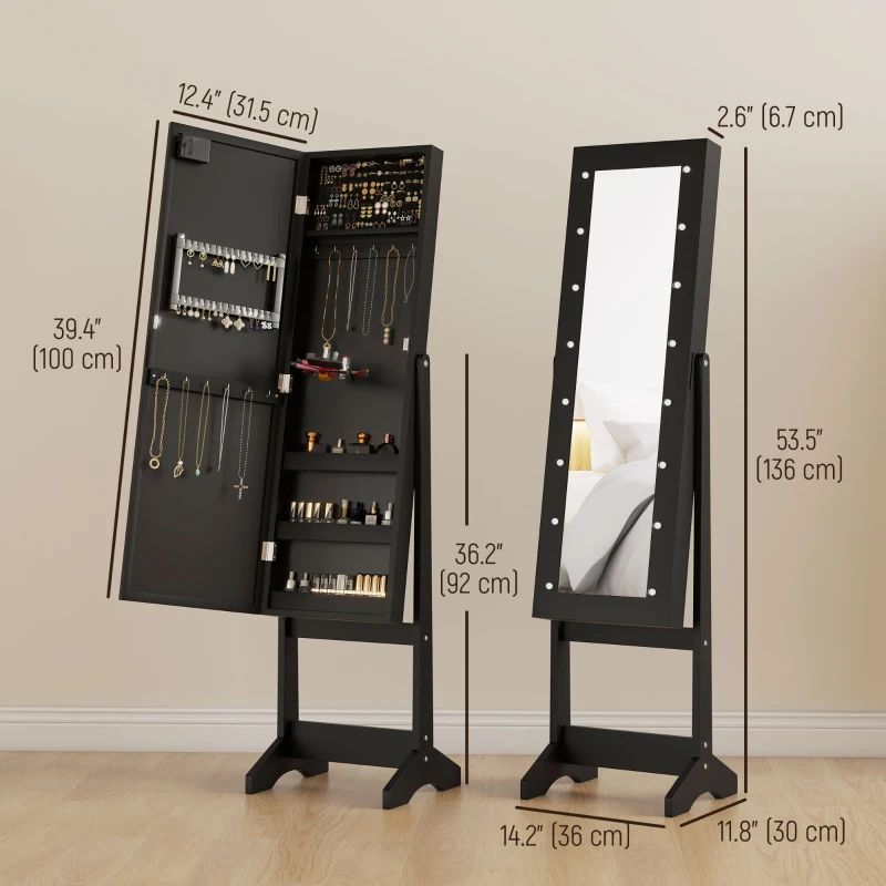 HOMCOM Free Standing Armoire Organizer, Lighted Mirrored Jewelry Cabinet w/ Angle Adjustable & 16 LED Lights Black