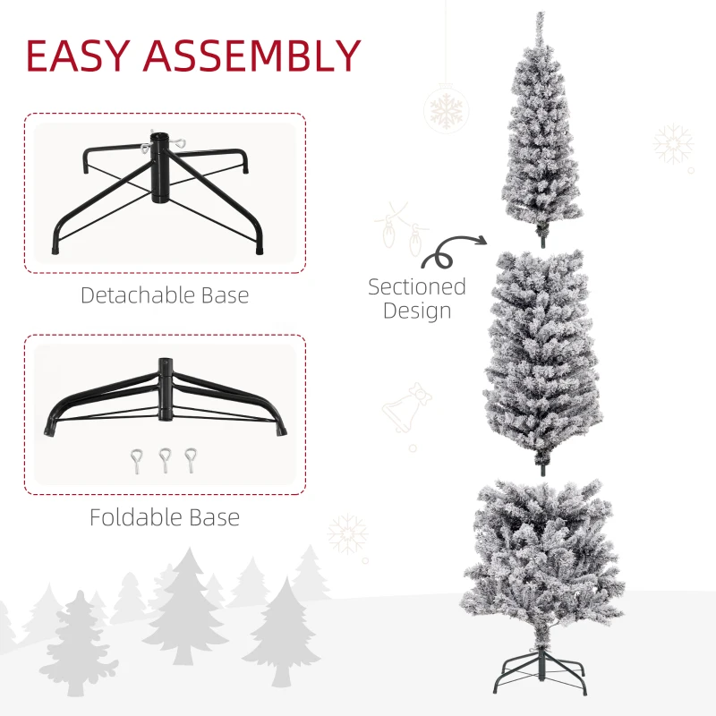 HOMCOM 7.5ft Flocked Christmas Tree, Pencil Christmas Tree with Realistic Branch Tips, Folding Metal Stand, Black