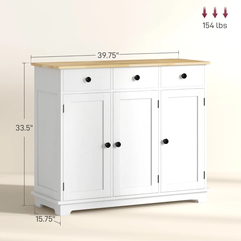 HOMCOM Kitchen Storage Cabinet, Sideboard Floor Cupboard with Solid Wood Top, Adjustable Shelf, and 3 Drawers, White