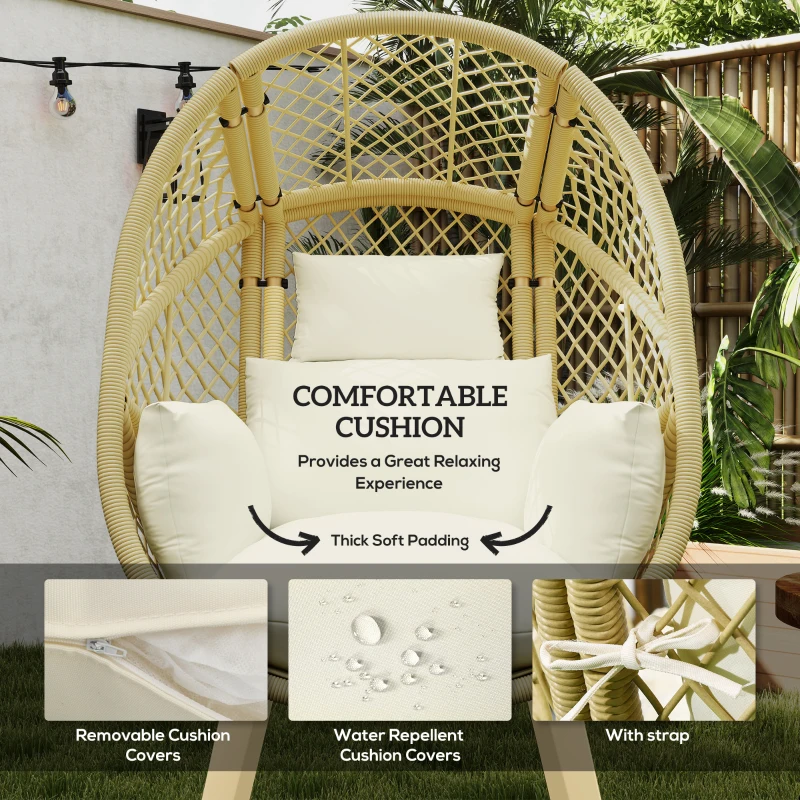 Outsunny PE Rattan Egg Chair, Patio Leisure Chair, Outdoor Furniture w/ Cushion, 34.6" x 33.5" x 56.3", Cream White