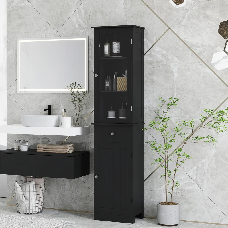 kleankin Tall Bathroom Cabinet, Bathroom Storage Cabinet with Drawers, 2 Doors and Adjustable Shelves, Black