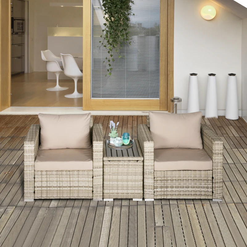 Outsunny 3 Piece Patio Furniture Set, PE Rattan Small Wicker Balcony Furniture, Table & Chairs with Cushions Composite Table, Conversation Set for Apartment, Gray