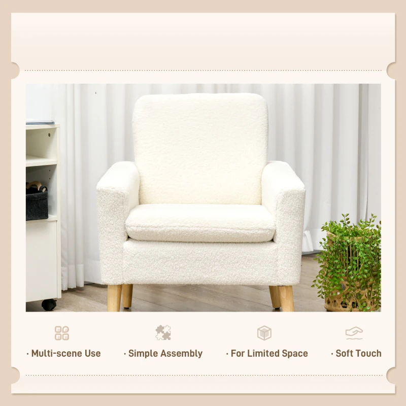 HOMCOM Fabric Accent Chair, Modern Upholstered Armchair with Wood Legs and Wide Padded Seat, Cream White