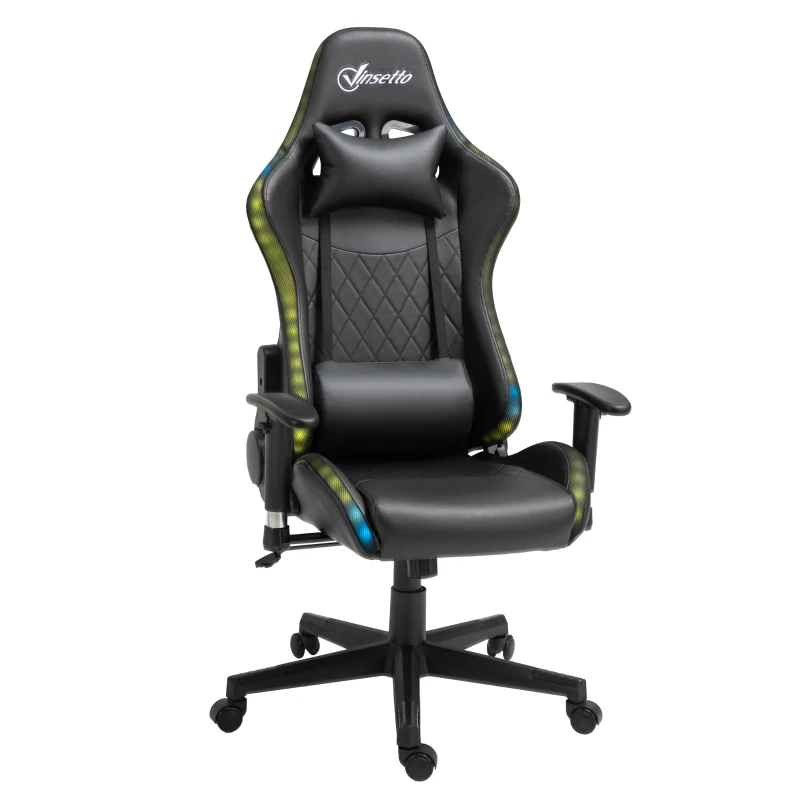 Vinsetto High Back Gaming Chair with RGB LED Lights, Adjustable Arms, and Lumbar Support, Racing Office Computer Chair with Head Pillow, Black