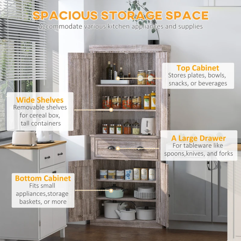 HOMCOM 72.5" Kitchen Pantry Cabinet, Freestanding Storage Cabinet with 4 Doors, Drawer and 3 Adjustable Shelves, Brown